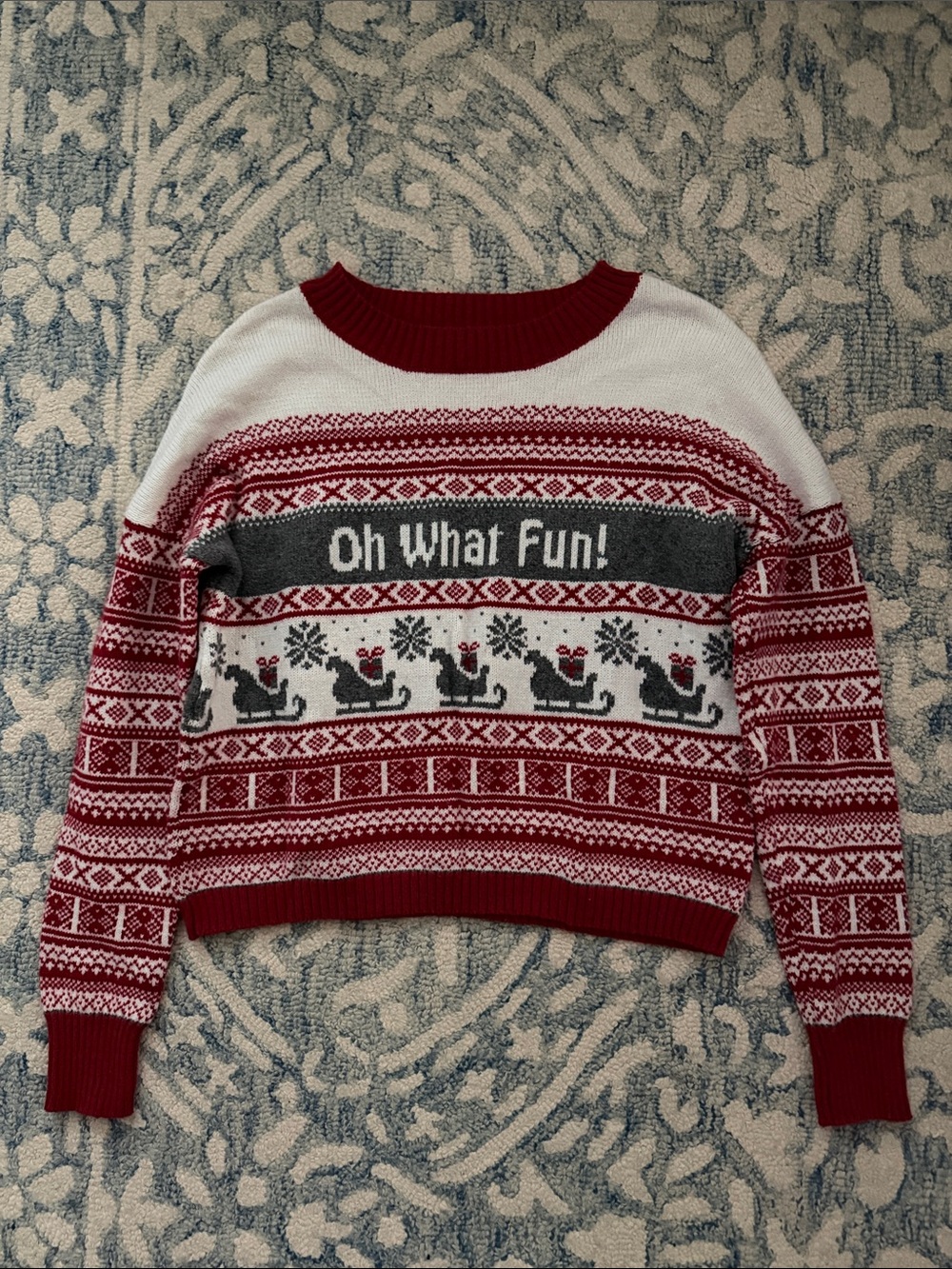 Women’s Red & White Holiday Crewneck Sweater with 'Oh What Fun!'